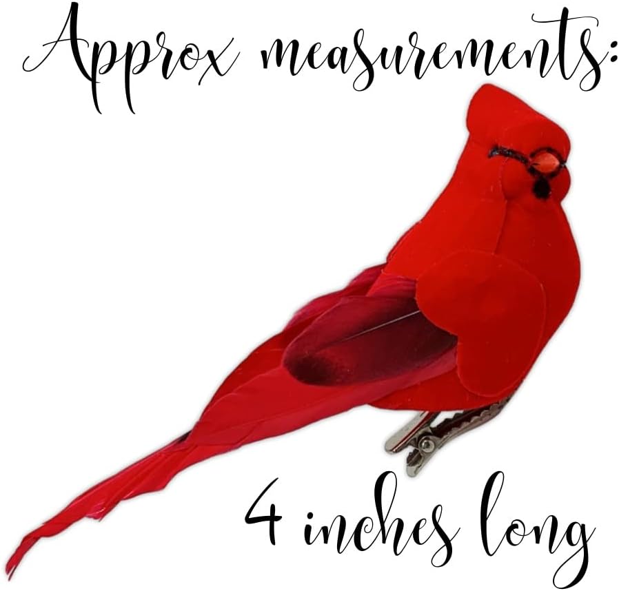 Red Cardinal Clip-On Christmas Tree Ornaments - Set of 12, 5" Long with Flocked Body & Feathered Wings