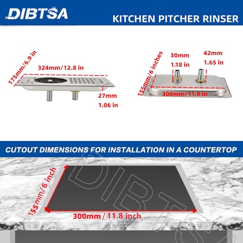 DIBTSA Stainless Steel Pitcher Rinser with Spray & Drip Tray, 12.8x6.9 Inch Silver