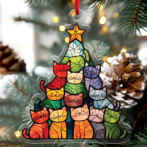 TTMerriwood Stained Glass Cat Christmas Tree Ornament - 4 Inch Acrylic Suncatcher