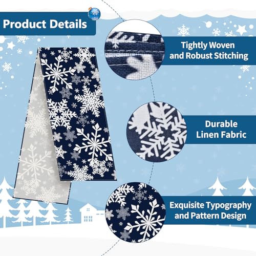 72 x 13 Inch Christmas Table Runner, Navy Blue with White Snowflake