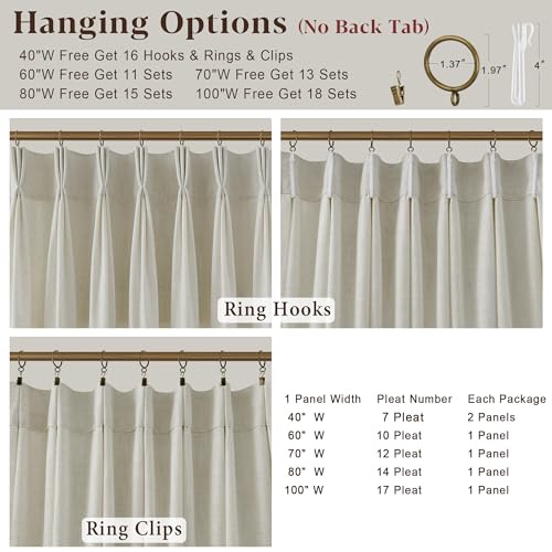 40W x 90L Linen Curtains Set - 2 Panel Triple Pinch Pleated Beige Textured Drapes