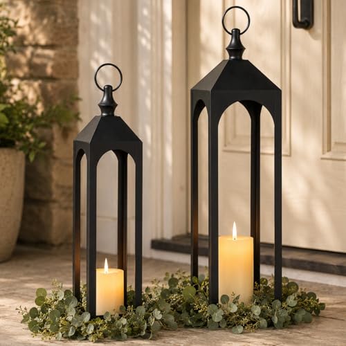 24-Inch & 20-Inch Outdoor Floor Lantern Set - Waterproof Rust-Resistant Black Porch Decor