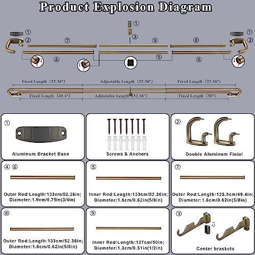 Mayrhyme Antique Bronze Double Curtain Rod 72-144 Inch Adjustable Room Darkening Drapery Rod with Wrap Around Design