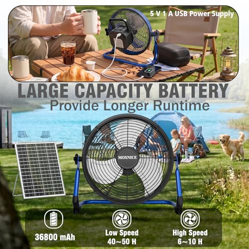 Blue 14-Inch Solar Powered Fan with Metal Blades & Quiet Brushless Motor - Rechargeable Battery, Portable for Home, RV, Camping, Greenhouse