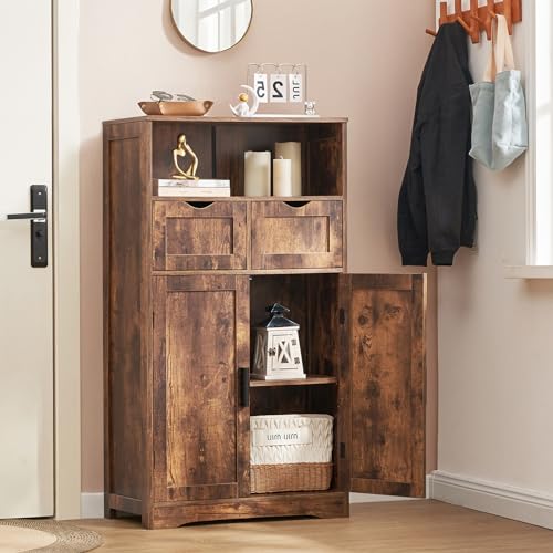 Iwell Rustic Brown Bathroom Storage Cabinet with 2 Drawers and Adjustable Shelves