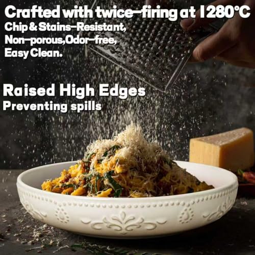 Artena White Pasta Bowls Set of 4 – 50oz Large Ceramic Salad & Soup Plates, Embossed & Reaction Glaze, Microwave & Dishwasher Safe