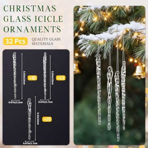 OuMuaMua 32-Piece Clear Handmade Glass Icicle Christmas Ornaments with Variations