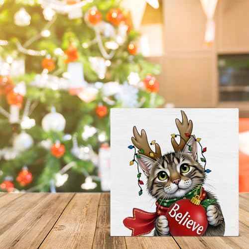 Cat Christmas Wood Box Sign Decor Xmas Cat Block Sign Christmas Holiday Home Table Desk Shelf Decoration
