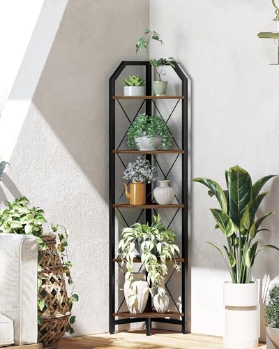 CHOEZON Rustic Brown & Black 5-Tier Corner Shelf - Industrial Corner Bookcase & Plant Stand