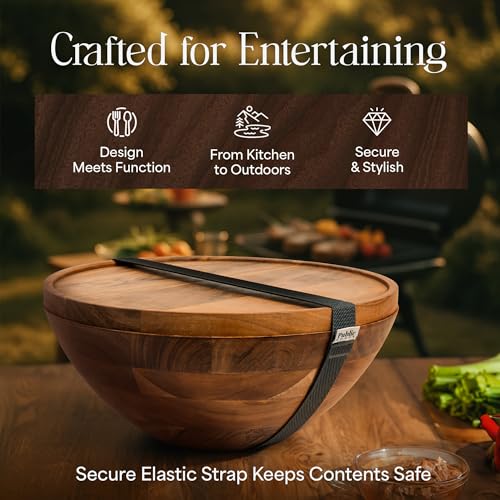 Natural 12.5 Inch Wooden Salad Bowl Set with Utensils, Lid, and Carry Strap