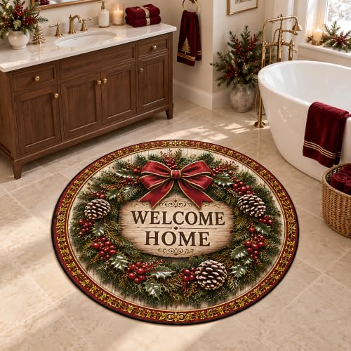 Christmas Wreath Round Rug 3.3 ft Circle Rug Xmas Entryway Carpet