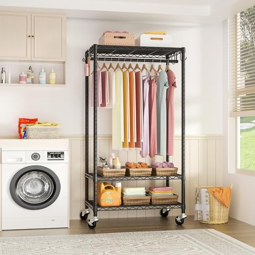 FUTASSI Black Rolling Clothes Rack with Adjustable Shelves & Heavy Duty Support