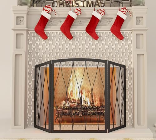 Kingson 3-Panel Childproof Fireplace Screen - Heavy Duty Wrought Iron Spark Guard, Foldable Black Mesh Cover for Living Room