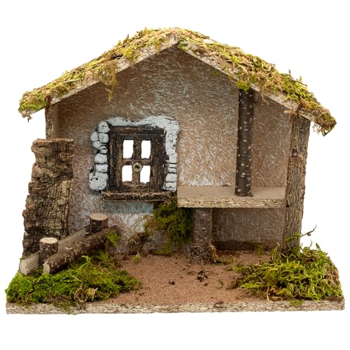 8" Nativity Stable for tabletop with Window and Mossy Roof | Charming