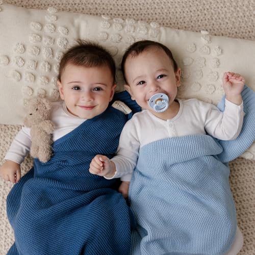 Heritage Knit Baby Quilt Blanket - Sky Blue Organic Cotton for Boys - Variation 01