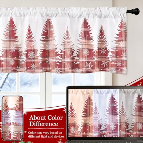 AtawLege Christmas Red Plaid Window Valance 52x18 Inches Snowflake & Tree Design