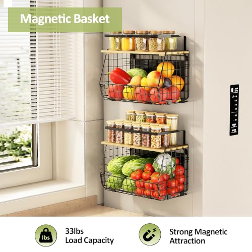 2 Pack Magnetic Fridge Shelf with Fruit & Vegetable Bins - Black