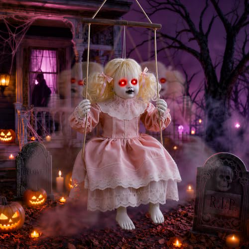Pink Halloween Animatronic Hanging Girl Doll with Lighted Eyes & Creepy Sounds - Outdoor Indoor Decor