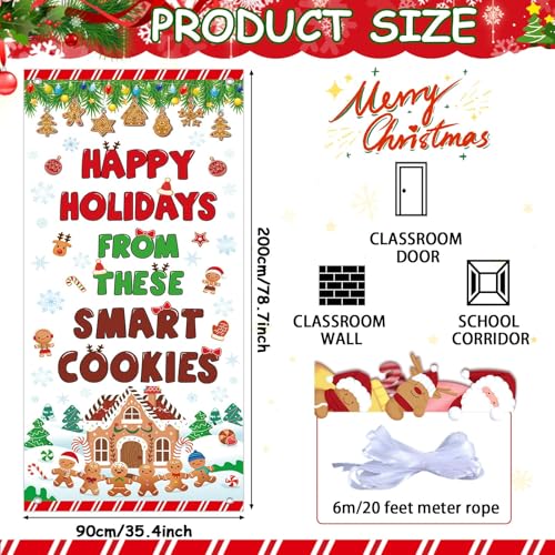Christmas Gingerbread Door Cover Banner for Classroom, 79 x 35 in with Rope