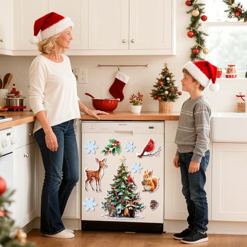 Christmas Magnet Set - 10 Holiday Refrigerator & Dishwasher Decorations with Woodland Creatures & Snowflakes
