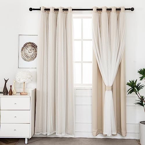 INLINAS Blackout Curtains with Sheer Overlay Beige 52x96 Inches Pack of 2