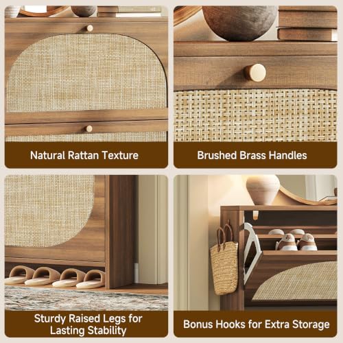 Nicetree Caramel Walnut Rattan Shoe Cabinet with 2 Flip Drawers, Slim Entryway Organizer