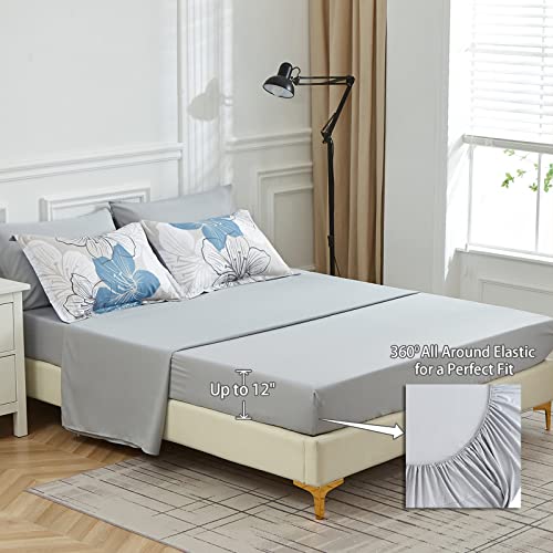 Queen Size Blue Floral Comforter Set with Sheets - 7 Pieces Bedding in a Bag