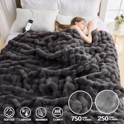Heated Blanket Electric Faux Rabbit Fur Bubble Heating Throw 50"x60",