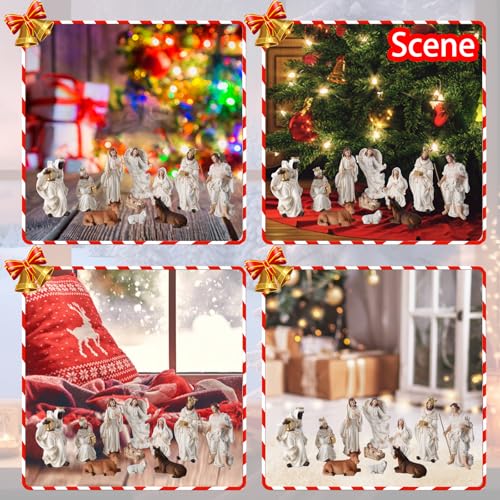 Ovewios 11-Piece White Nativity Set Figurines | Hand Resin Baby Jesus Holy Family Indoor Decor