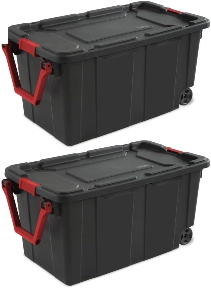 Skiennix 40 Gallon Wheeled Industrial Tote - Durable Black Plastic Storage Bin | Set of 2