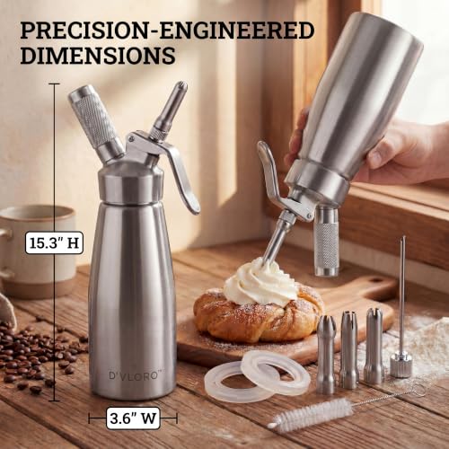 D'VLORO 34 oz Stainless Steel Whipped Cream Dispenser with 5 Nozzles & Replacement Gaskets