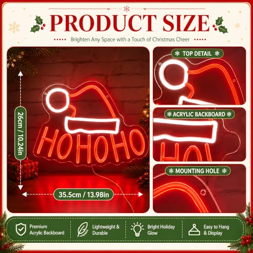 HOHOHO Christmas Neon Sign with Santa Hat - USB Powered LED Wall Decor