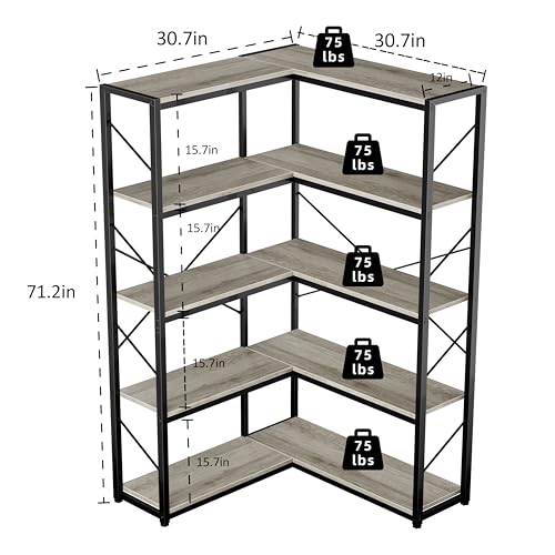 Corner Bookshelf 5-Tier L-Shaped Bookcase - Grey, Large Storage