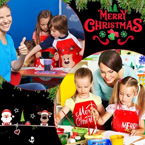 Hoolerry 4 Set Christmas Kids Apron and Chef Hat Boys Girls Red Aprons Hats Snowman Deer Elf Santa Apron for Kitchen Baking Cooking Kitchen Painting Wear(Vivid)