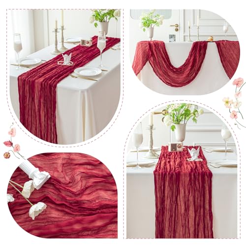 Sioloc Burgundy Cheesecloth Table Runner 10ft 5pc Set — Rustic Boho Wedding Decor