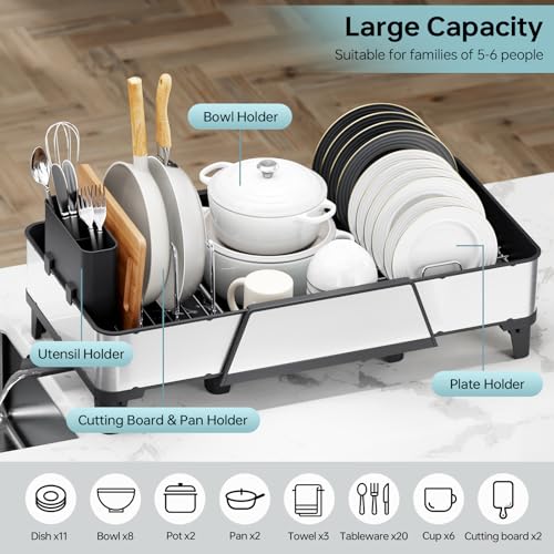 Urackify Large Expandable Dish Drying Rack Black - Kitchen Counter Organizer