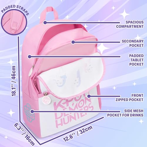 Pink/White KPop Demon Hunters Backpack for Girls - 18in Official Bookbag & Adjustable Padded Straps