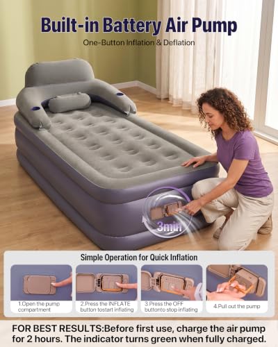 Twin XL Air Mattress with Built-In Rechargeable Pump & Detachable Headboard