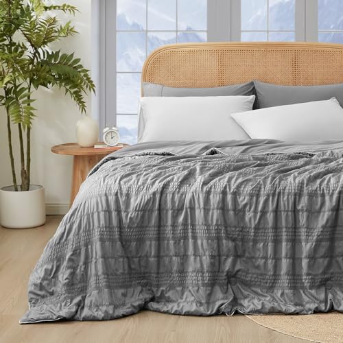 King Size Reversible Cooling Comforter with Seersucker & Silky Sides - Dark Grey