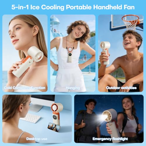 White Portable Handheld Fan with Ice Cooling & 20H Battery - 199 Speed Levels