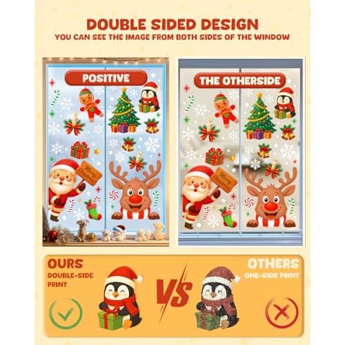 Christmas Window Clings - 9 Sheets 162 Pcs Cute Xmas Decorations for Winter Holiday Home Party Santa Reindeer Snowman Gingerbread Snowflake Stickers for Glass Double-Sided Static Window Decals