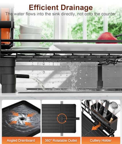 Expandable Over Sink Dish Drying Rack with Drainboard - Rust-Resistant Steel