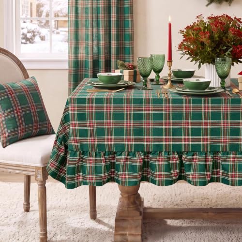 Softalker Green Plaid Ruffle Tablecloth 60 x 84 inches, Rectangular Holiday Linen
