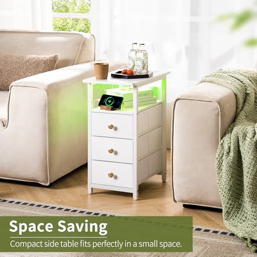 Yoobure White End Table with Charging Station & 3 Fabric Drawers - Slim Nightstand for Small Spaces