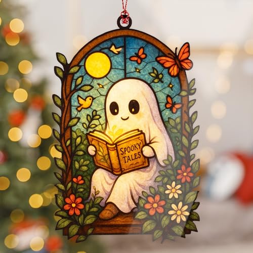 RUSATEN Gothic Bat Suncatcher Halloween Window Decor with Crescent Moon - Ghost Book Variation