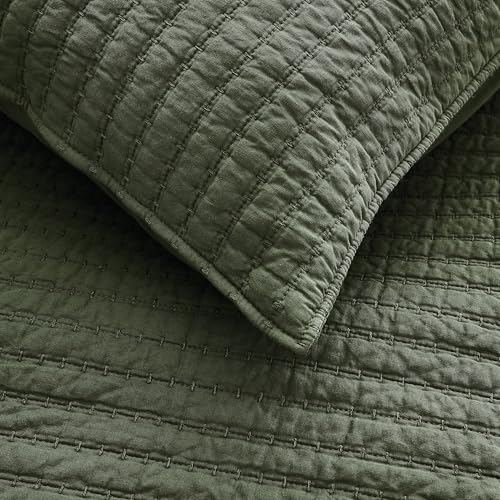 WDCOZY Olive Green King Size Cotton Quilt Set with Channel Pick Stitch - 106x96