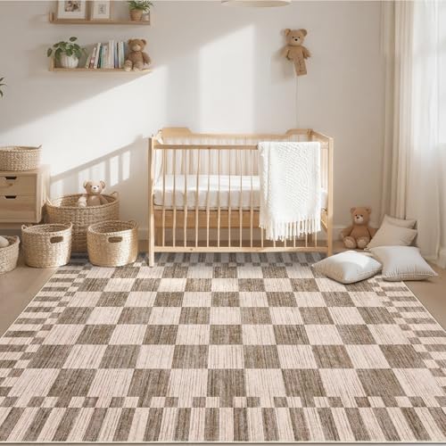 GarveeHome Brown Checkered 5x7 Area Rug - Machine Washable Non-Slip Living Room Carpet