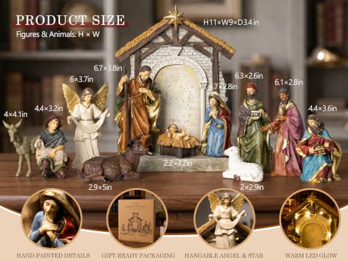 13-Piece Christmas Nativity Scene Set with Lighted Stable - Hand-Painted Religious Holiday Decor
