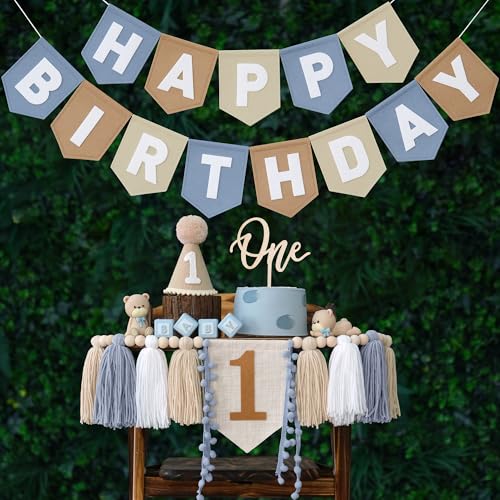 First Birthday Decorations for Boy Blue Khaki White Banner & Party Set