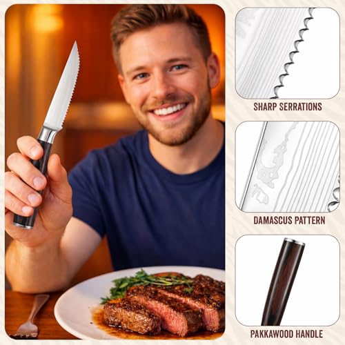 12-Piece Steak Knife Set with Pakkawood Handles - Sharp Serrated Blades, Gift Box